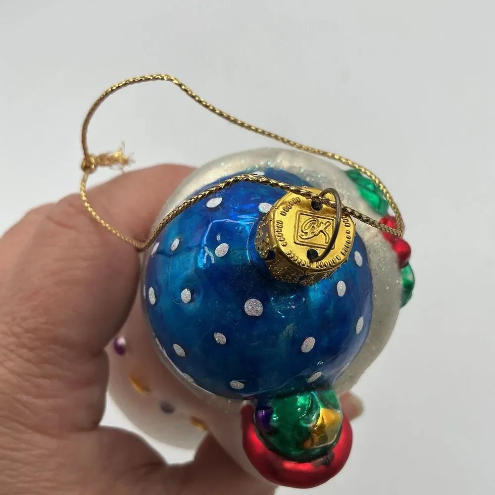 Vintage Snowman Glass Christmas Ornament Blue Scarf Presents Holiday Decor